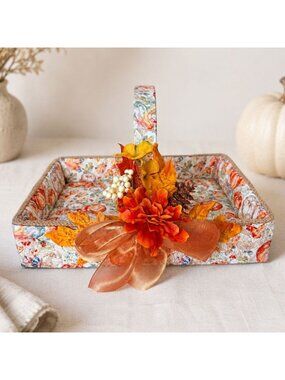 Handcrafted Autumn Basket Fabric Pumpkin Floral Centerpiece Fall Decor Harvest